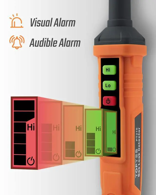 Alt view image 4 of 7 - _Mega Brand PT210 Gas Leak Detector, Natural Gas Detector with Audible & Visual Alarm, Locating The Source of Propane, Methane, and Combustible Leaks for Home and RV (Includes Battery x2) - Orange