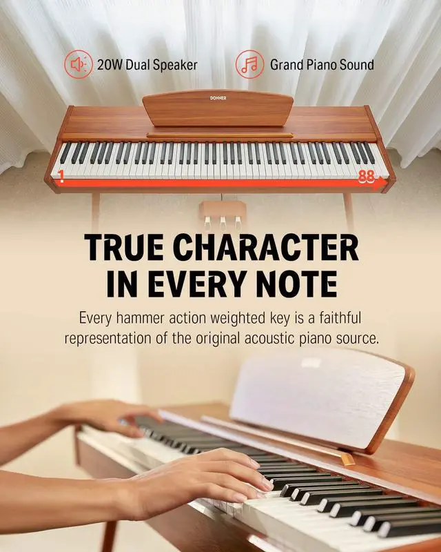 Alt view image 2 of 7 - _Mega Brand DDP-80 Digital Piano 88 Key Weighted Keyboard, Full-size Electric Piano for Beginners, with Sheet Music Stand, Triple Pedal, Power Adapter, Supports USB-MIDI Connecting, Retro Wood Color