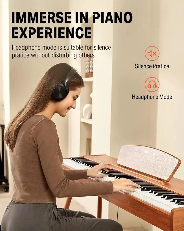 Alt view image 4 of 7 - _Mega Brand DDP-80 Digital Piano 88 Key Weighted Keyboard, Full-size Electric Piano for Beginners, with Sheet Music Stand, Triple Pedal, Power Adapter, Supports USB-MIDI Connecting, Retro Wood Color