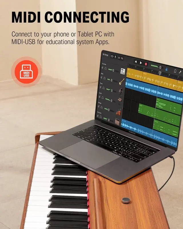 Alt view image 7 of 7 - _Mega Brand DDP-80 Digital Piano 88 Key Weighted Keyboard, Full-size Electric Piano for Beginners, with Sheet Music Stand, Triple Pedal, Power Adapter, Supports USB-MIDI Connecting, Retro Wood Color