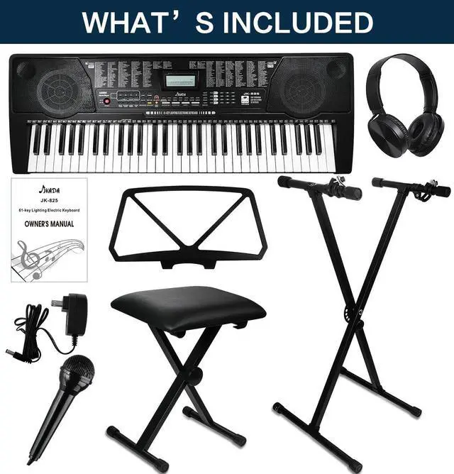 Alt view image 7 of 7 - 61 Key Portable Electronic Keyboard Piano w/Lighted Full Size Keys, LCD, Headphones, X-Stand, Stool, Music Rest, Microphone, Note Stickers, Built-In Speakers,3 Teaching Modes