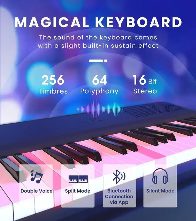 Alt view image 5 of 7 - _Mega Brand Smart Keyboard COLOR 61 Keys Piano Keyboard, Music Keyboard with 256 Timbres, 64 Polyphony, 2 Speakers, Built-in LED Lights and Free Apps (Blue)