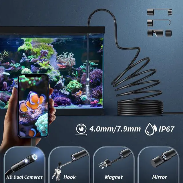 Alt view image 4 of 7 - Endoscope Camera with Light,1920P HD Borescope Tools with 8 Adjustable LED Lights, Endoscope with Semi-Rigid Snake Camera, IP67 Waterproof Inspection Borescope for iOS and Android-16.4ft Dual-Lens