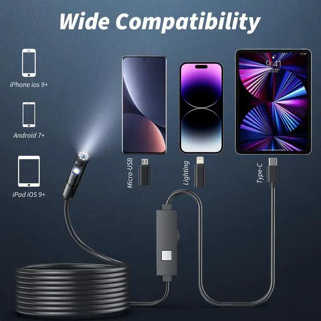 Alt view image 6 of 7 - Endoscope Camera with Light,1920P HD Borescope Tools with 8 Adjustable LED Lights, Endoscope with Semi-Rigid Snake Camera, IP67 Waterproof Inspection Borescope for iOS and Android-16.4ft Dual-Lens
