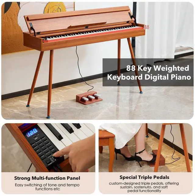 Alt view image 5 of 7 - Digital Piano 88 Key Weighted Keyboard,Full-Size Desk Progressive Hammer-Action Electric Piano For Beginners, With Sheet Music Stand, Pedal,Power Adapter, Headphone Mode, Usb-Midi