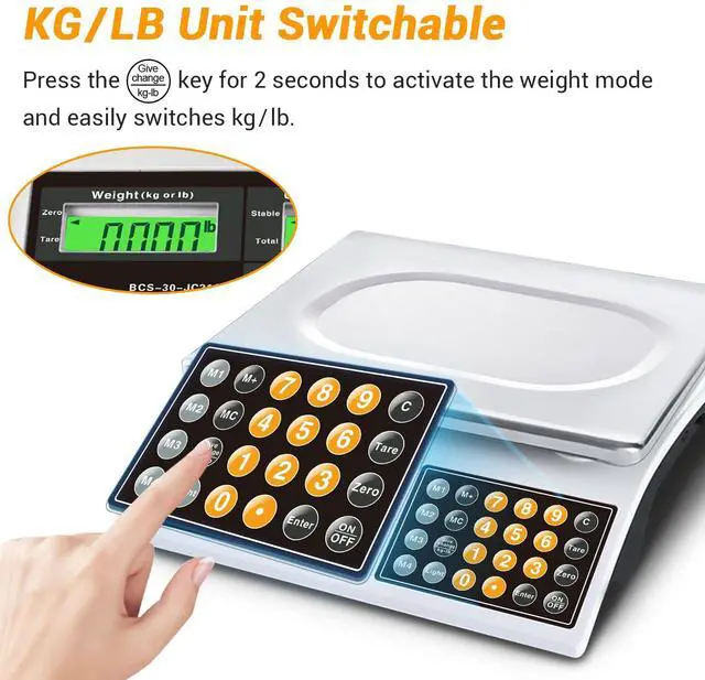 Alt view image 7 of 7 - _Mega Brand Price Computing Scale, 66lb Digital Commercial Food Meat Produce Weighing Scale with Green Backlight LCD for Farmers Market, Retail Outlets, Dry Battery Powered, Not for Trade