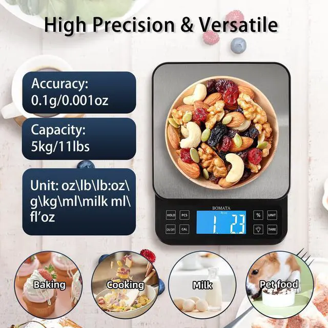 Alt view image 2 of 7 - _Mega Brand Large Kitchen Scale with 0.1g/0.001oz High Precision, 5kg/11lb Bakery Scale with% Percentage Function, USB Rechargeable, Full-View Angle LCD with Backlight, Stainless Steel Pan