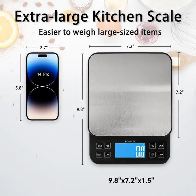 Alt view image 5 of 7 - _Mega Brand Large Kitchen Scale with 0.1g/0.001oz High Precision, 5kg/11lb Bakery Scale with% Percentage Function, USB Rechargeable, Full-View Angle LCD with Backlight, Stainless Steel Pan
