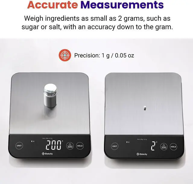 Alt view image 5 of 7 - _Mega Brand Digital Food Kitchen Scale, Grams and Oz for Weight Loss, Baking and Cooking, 0.05oz/1g Precise Graduation,5 Weight Units, IPX6 Waterproof, USB Rechargeable,304 Stainless Steel-Silver,