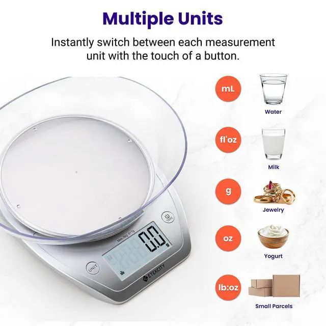 Alt view image 5 of 7 - _Mega Brand 0.1g Food Kitchen Scale, Bowl, Digital Grams and Ounces for Weight Loss, Dieting, Baking, Cooking, and Meal Prep, 11lb/5kg, Stainless Steel Silver