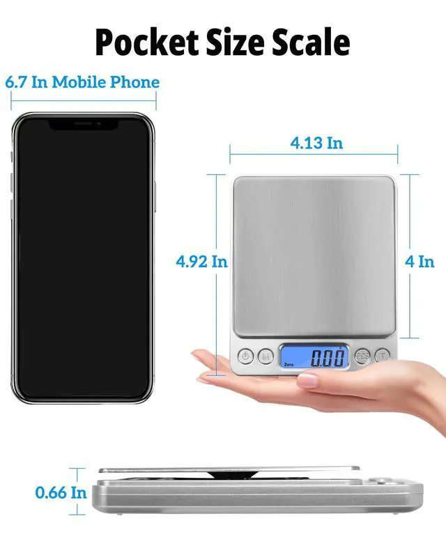 Alt view image 3 of 7 - _Mega Brand Gram Scale 500g x 0.01g Precision, Digital Mini Pocket Size Portable Scale with Two Trays Nine Units, LCD Display Stainless Steel Platform for Weighing Jewelry Cooking Baking