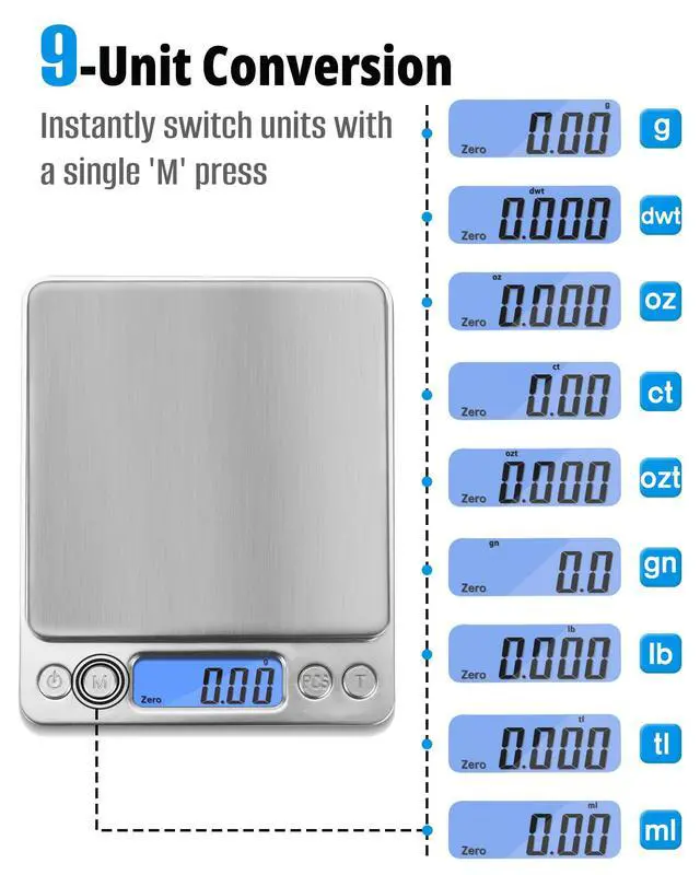 Alt view image 4 of 7 - _Mega Brand Gram Scale 500g x 0.01g Precision, Digital Mini Pocket Size Portable Scale with Two Trays Nine Units, LCD Display Stainless Steel Platform for Weighing Jewelry Cooking Baking