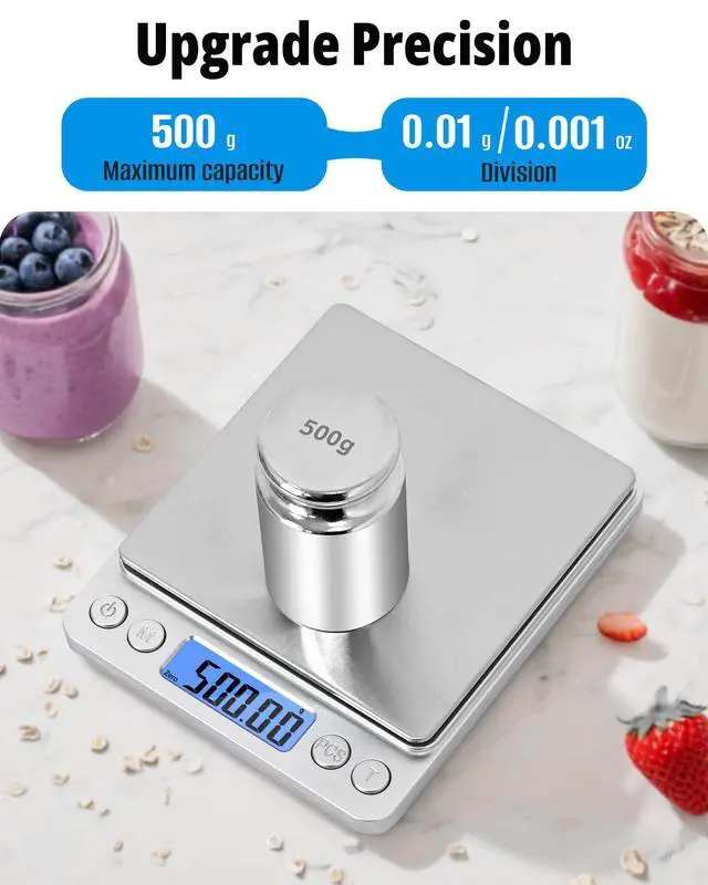 Alt view image 6 of 7 - _Mega Brand Gram Scale 500g x 0.01g Precision, Digital Mini Pocket Size Portable Scale with Two Trays Nine Units, LCD Display Stainless Steel Platform for Weighing Jewelry Cooking Baking