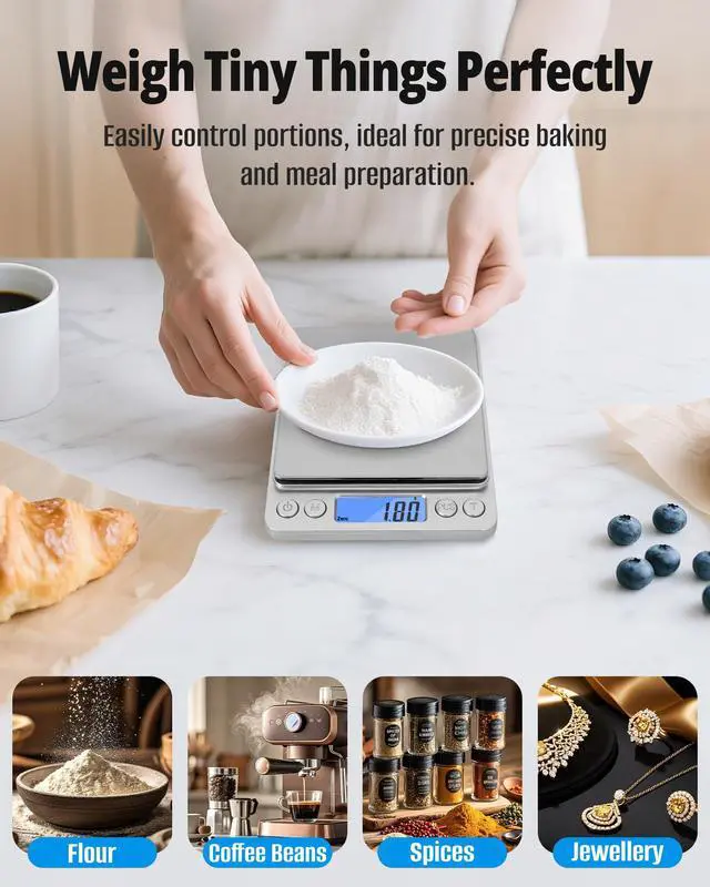 Alt view image 7 of 7 - _Mega Brand Gram Scale 500g x 0.01g Precision, Digital Mini Pocket Size Portable Scale with Two Trays Nine Units, LCD Display Stainless Steel Platform for Weighing Jewelry Cooking Baking