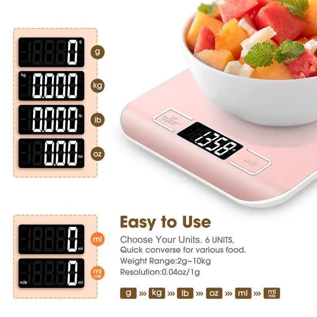 Alt view image 3 of 7 - Food Scale Pink, 10kg/22lb Digital Kitchen Scale Weight Grams and Oz for Baking and Cooking, 1g/0.1oz Precise Graduation, Easy Clean Stainless Steel