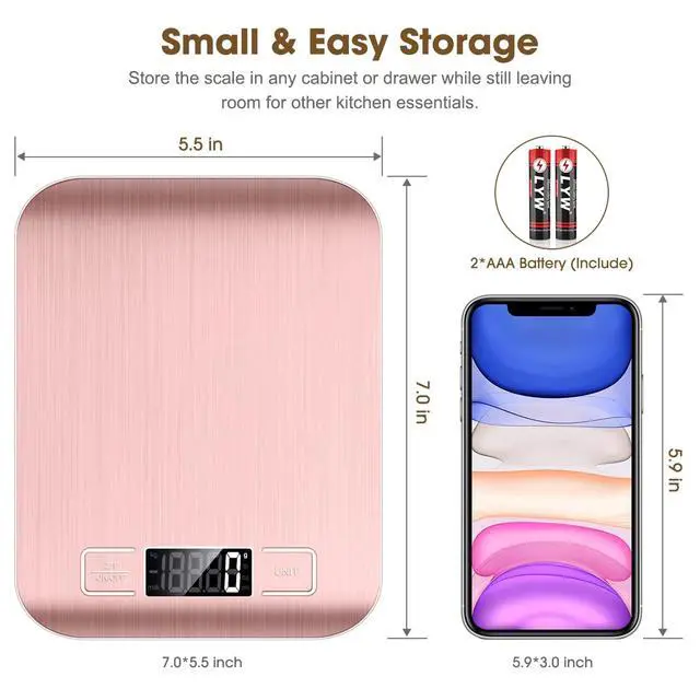 Alt view image 2 of 7 - Food Scale Pink, 10kg/22lb Digital Kitchen Scale Weight Grams and Oz for Baking and Cooking, 1g/0.1oz Precise Graduation, Easy Clean Stainless Steel