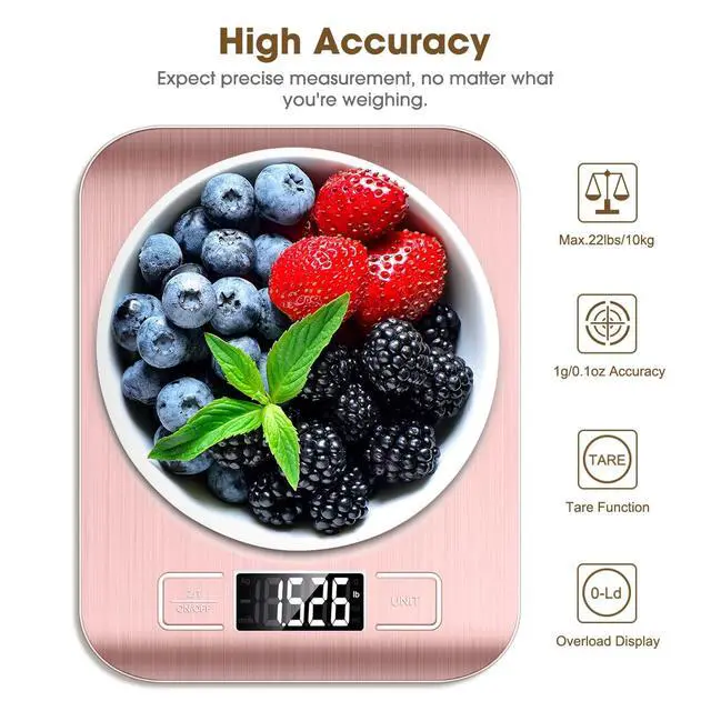 Alt view image 4 of 7 - Food Scale Pink, 10kg/22lb Digital Kitchen Scale Weight Grams and Oz for Baking and Cooking, 1g/0.1oz Precise Graduation, Easy Clean Stainless Steel