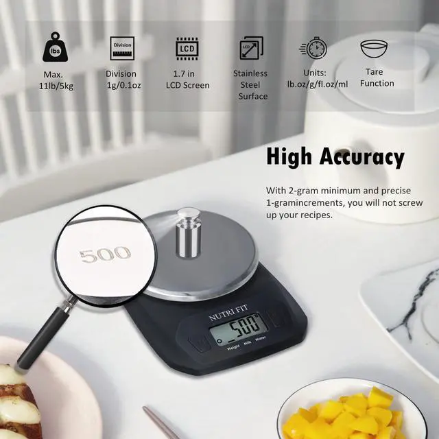 Alt view image 2 of 7 - _Mega Brand Digital Food Scale Small Kitchen Scales Weight in Grams and OZ for Cooking Baking Weight Loss, Stainless Steel Tare & Backlit LCD Display, Black