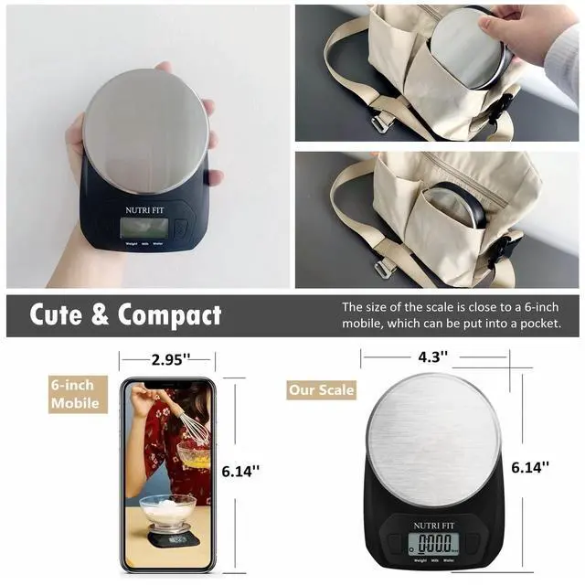 Alt view image 4 of 7 - _Mega Brand Digital Food Scale Small Kitchen Scales Weight in Grams and OZ for Cooking Baking Weight Loss, Stainless Steel Tare & Backlit LCD Display, Black