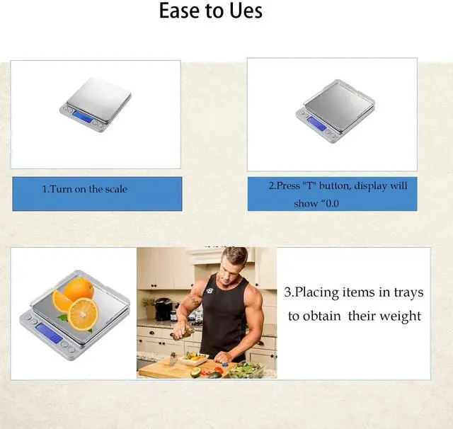Alt view image 4 of 6 - _Mega Brand , Digital Kitchen Scale Weight Grams and OZ for Cooking Baking, Coffee, Loss Dieting, Jewelry and Meal Prep, 2 Trays, LCD, Auto Off, Tare Function, Stainless Steel(3000g/0.1g)