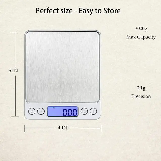 Alt view image 5 of 6 - _Mega Brand , Digital Kitchen Scale Weight Grams and OZ for Cooking Baking, Coffee, Loss Dieting, Jewelry and Meal Prep, 2 Trays, LCD, Auto Off, Tare Function, Stainless Steel(3000g/0.1g)