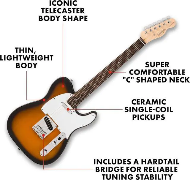Alt view image 2 of 5 - Squier Debut Beginner Telecaster Electric Guitar, 2-Color Sunburst | Starter electric guitar, free lessons included, satin urethane finish, kids and adults