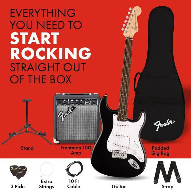 Alt view image 2 of 6 - Squier Debut Series Stratocaster Electric Guitar Kit, Beginner Guitar Kit, with, with Padded Gig Bag, Frontman 10G Amp, Strap, and More, Includes Free Lessons, Black