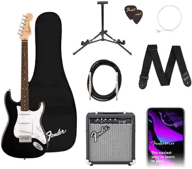 Main image of Squier Debut Series Stratocaster Electric Guitar Kit, Beginner Guitar Kit, with, with Padded Gig Bag, Frontman 10G Amp, Strap, and More, Includes Free Lessons, Black