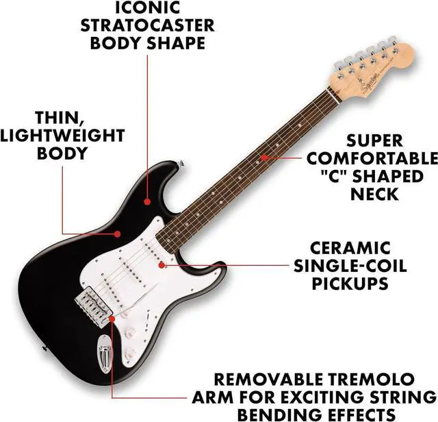 Alt view image 3 of 6 - Squier Debut Series Stratocaster Electric Guitar Kit, Beginner Guitar Kit, with, with Padded Gig Bag, Frontman 10G Amp, Strap, and More, Includes Free Lessons, Black