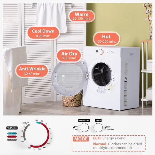 Alt view image 4 of 7 - Compact Dryer 1.8 cu. ft. Portable Clothes Dryers with Exhaust Duct with Stainless Steel Liner Four Function Small Dryer Machine, Suitable for Apartments, Dorm, RVs, White