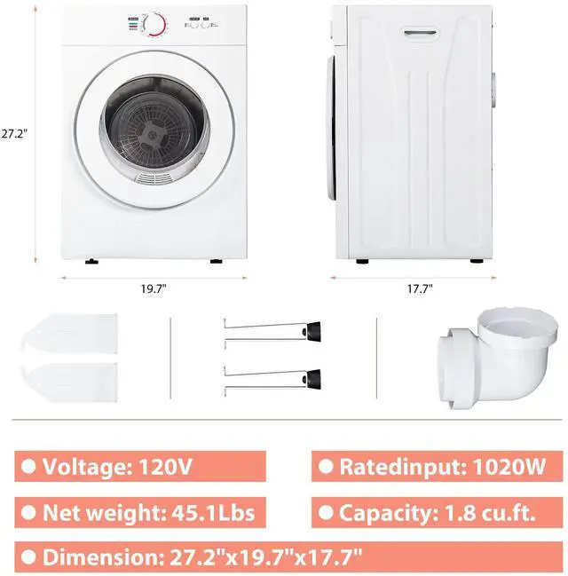 Alt view image 7 of 7 - Compact Dryer 1.8 cu. ft. Portable Clothes Dryers with Exhaust Duct with Stainless Steel Liner Four Function Small Dryer Machine, Suitable for Apartments, Dorm, RVs, White