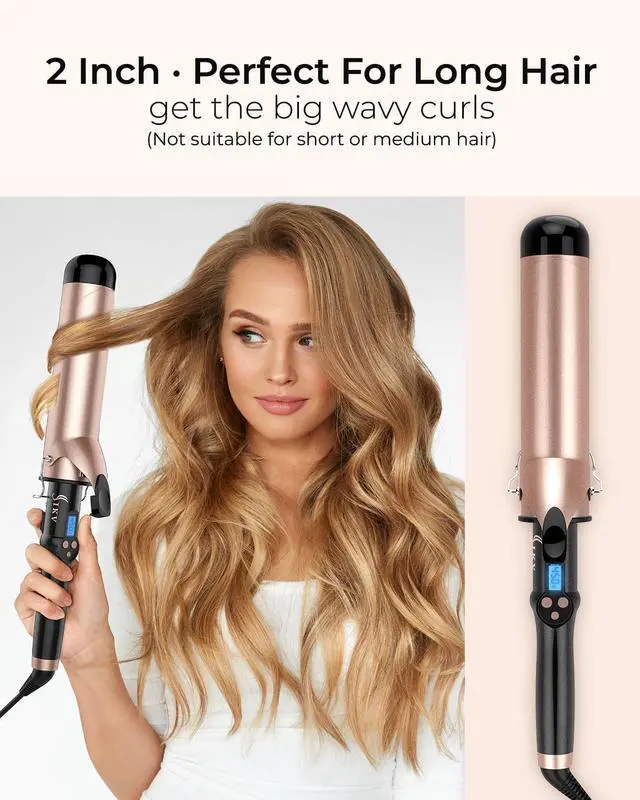 Alt view image 2 of 7 - 2 Inch Curling Iron Extra Long Barrel for Long Hair, Large Barrel Curling Wand Ceramic Tourmaline with LCD Display,10 Temps, Dual Voltage
