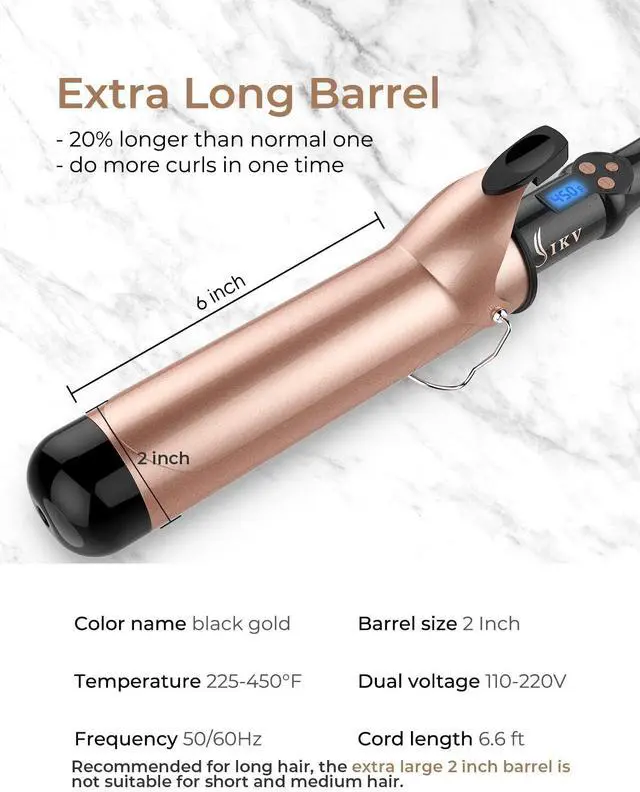 Alt view image 5 of 7 - 2 Inch Curling Iron Extra Long Barrel for Long Hair, Large Barrel Curling Wand Ceramic Tourmaline with LCD Display,10 Temps, Dual Voltage