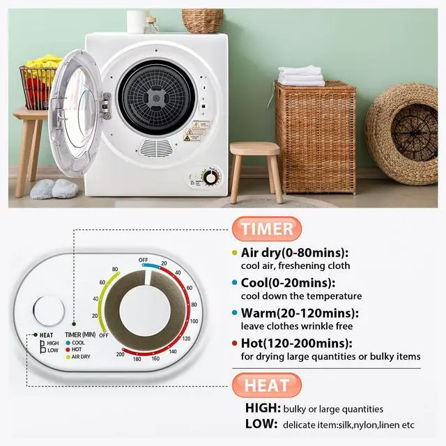 Alt view image 4 of 7 - Portable Dryer 1.5 cu. ft., 850W Powerful Clothes Dryer with Stainless Steel Drum and Exhaust Hose, Dryer Ideal for Apartments, RVs, Dorm RoomsWhite