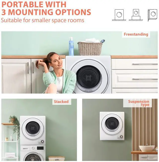 Alt view image 3 of 7 - Portable Dryer 1.5 cu. ft., 850W Powerful Clothes Dryer with Stainless Steel Drum and Exhaust Hose, Dryer Ideal for Apartments, RVs, Dorm RoomsWhite