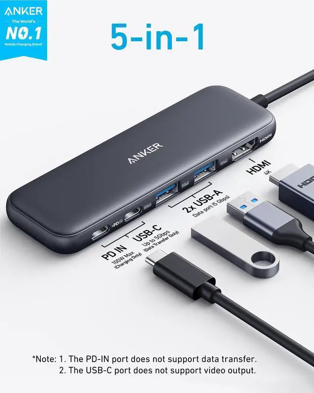 Alt view image 2 of 6 - Anker USB C Hub, 5-in-1 USBC to HDMI Splitter with 4K Display, 1 x Powered USB-C 5Gbps & 2×Powered USB-A 3.0 5Gbps Data Ports for MacBook Pro, MacBook Air, Dell and More