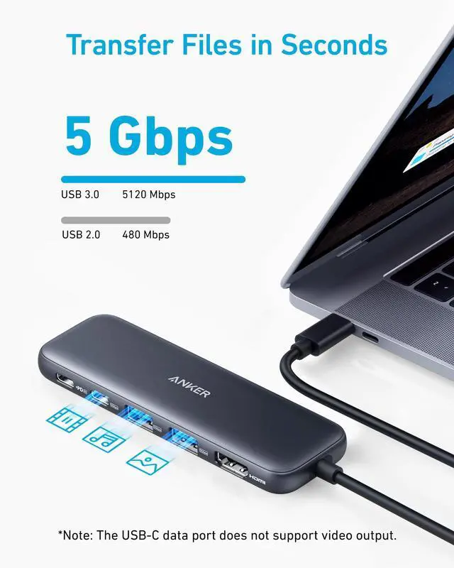 Alt view image 4 of 6 - Anker USB C Hub, 5-in-1 USBC to HDMI Splitter with 4K Display, 1 x Powered USB-C 5Gbps & 2×Powered USB-A 3.0 5Gbps Data Ports for MacBook Pro, MacBook Air, Dell and More