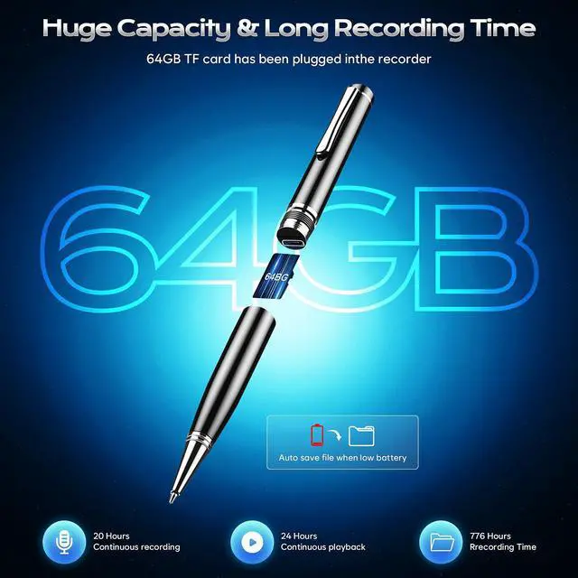 Alt view image 6 of 7 - 64GB Digital Voice Recorder - Digital Voice Activated Recorder with AI-Intelligent Noise Reduction, Voice Activated Sound Audio Tap Recorder Device for Lectures Meetings, Work, Interviews