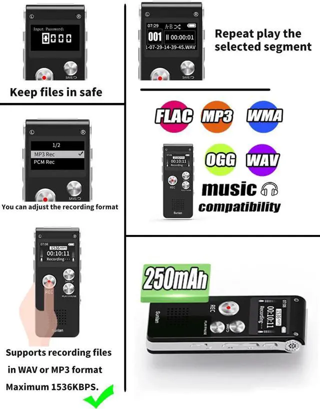 Alt view image 2 of 7 - _Mega Brand Digital Voice Recorder 16GB Voice Recorder with Playback for Lectures - USB Rechargeable Dictaphone Upgraded Small Tape Recorder Device