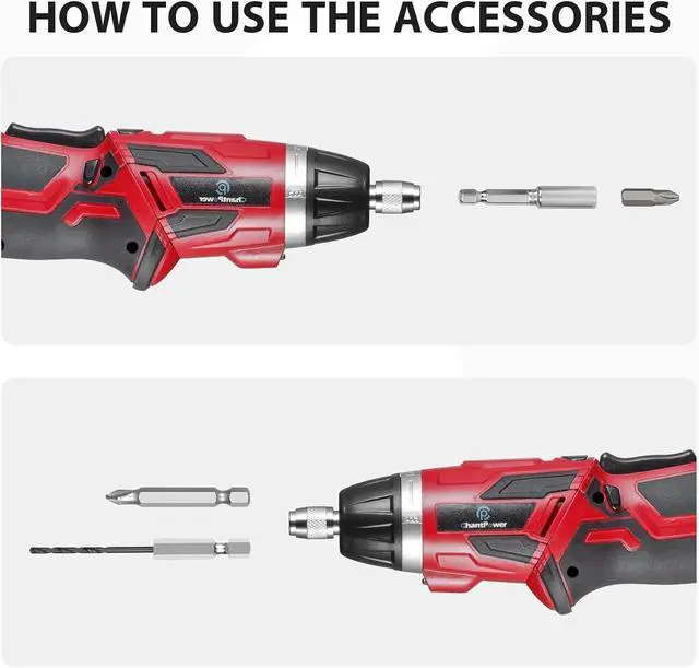 Alt view image 6 of 7 - _Mega Brand Cordless Electric Screwdriver Set6+1 Torque Gears,1/4'' Hex Self-Lock Chuck, 4V Rechargeable lightweight Screwdriver with 11 pcs Accessories, Flashlight, Charger Red