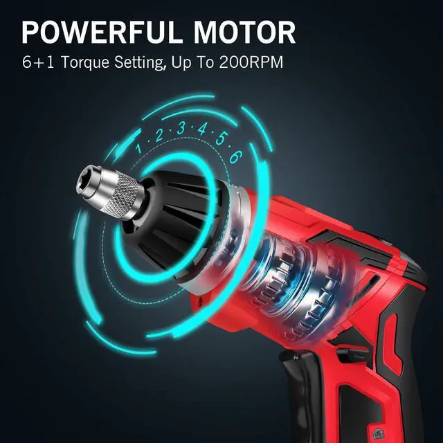 Alt view image 3 of 7 - _Mega Brand Cordless Electric Screwdriver Set6+1 Torque Gears,1/4'' Hex Self-Lock Chuck, 4V Rechargeable lightweight Screwdriver with 11 pcs Accessories, Flashlight, Charger Red