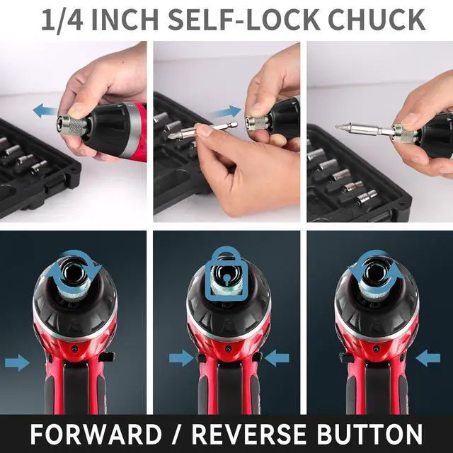 Alt view image 5 of 7 - _Mega Brand Cordless Electric Screwdriver Set6+1 Torque Gears,1/4'' Hex Self-Lock Chuck, 4V Rechargeable lightweight Screwdriver with 11 pcs Accessories, Flashlight, Charger Red