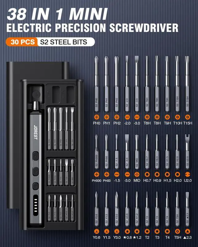 Alt view image 7 of 7 - _Mega Brand Mini Electric Screwdriver, Precision Set with 38-in-1 Magnetic Bits, 5 Torque Settings, LED Light, Repair Tool Kit for iPhones, Laptop, Drone, Game Console, Camera, Glasses, Watches, Toys