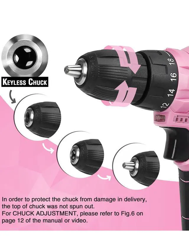 Alt view image 4 of 7 - _Mega Brand Pink Cordless Drill Driver Set, 12V Electric Screwdriver Driver Tool Kit, 3/8" Keyless Chuck, Charger and Storage Bag Included - Pink Ribbon