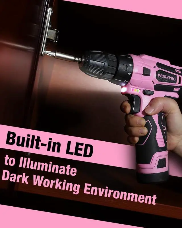 Alt view image 7 of 7 - _Mega Brand Pink Cordless Drill Driver Set, 12V Electric Screwdriver Driver Tool Kit, 3/8" Keyless Chuck, Charger and Storage Bag Included - Pink Ribbon