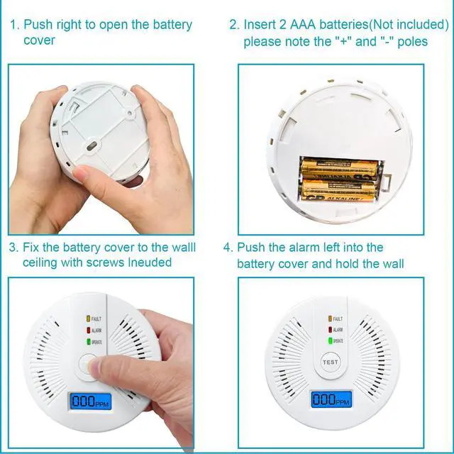 Alt view image 4 of 7 - _Mega Brand Carbon Monoxide Detectors,CO Detectors Battery Powered,2 Pack Carbon Monoxide CO Alarms with Light&Digital Display for Home,Bedroom,Kitchen,Office