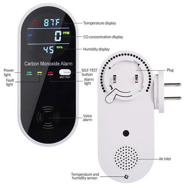 Alt view image 4 of 7 - _Mega Brand 3-in-1 Carbon Monoxide Detector, Carbon Monoxide Detector Plug in Wall with Temperature & Humidity Display, CO Alarm Monitor with Color LCD Display, Accurate & Easy to Install