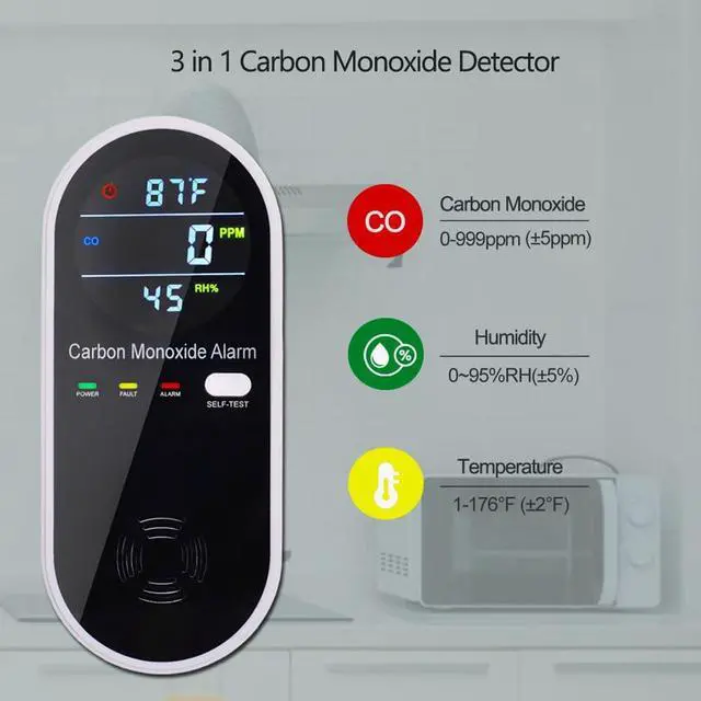 Alt view image 6 of 7 - _Mega Brand 3-in-1 Carbon Monoxide Detector, Carbon Monoxide Detector Plug in Wall with Temperature & Humidity Display, CO Alarm Monitor with Color LCD Display, Accurate & Easy to Install