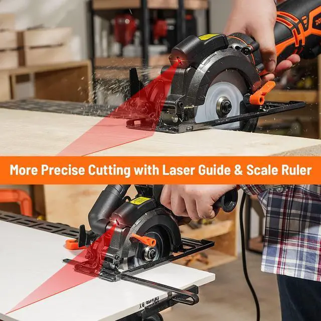 Alt view image 2 of 7 - _Mega Brand Circular Saw, 5.8A 4-1/2" Circular Saw w/Laser, Metal Auxiliary Handle, 6 Blades (4½", 4¾"), Cutting Depth 1-11/16" (90°), 1-3/8" (45°), Ideal for Wood, Soft Metal, Plastic, Tile - MCS01A