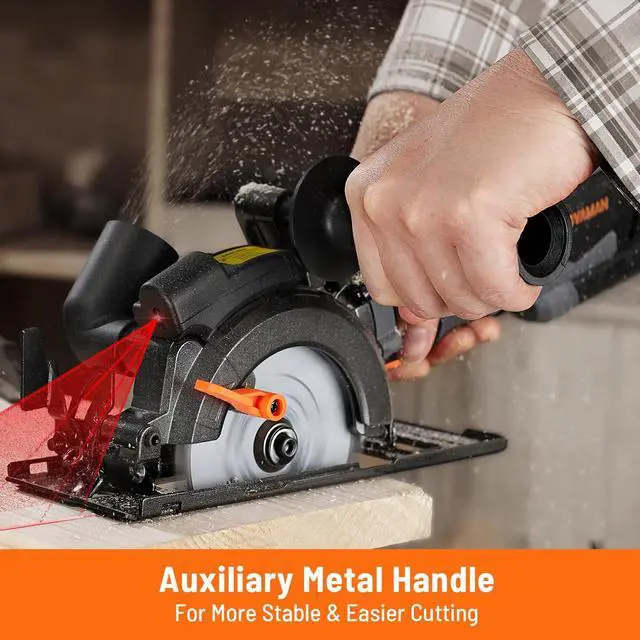 Alt view image 3 of 7 - _Mega Brand Circular Saw, 5.8A 4-1/2" Circular Saw w/Laser, Metal Auxiliary Handle, 6 Blades (4½", 4¾"), Cutting Depth 1-11/16" (90°), 1-3/8" (45°), Ideal for Wood, Soft Metal, Plastic, Tile - MCS01A